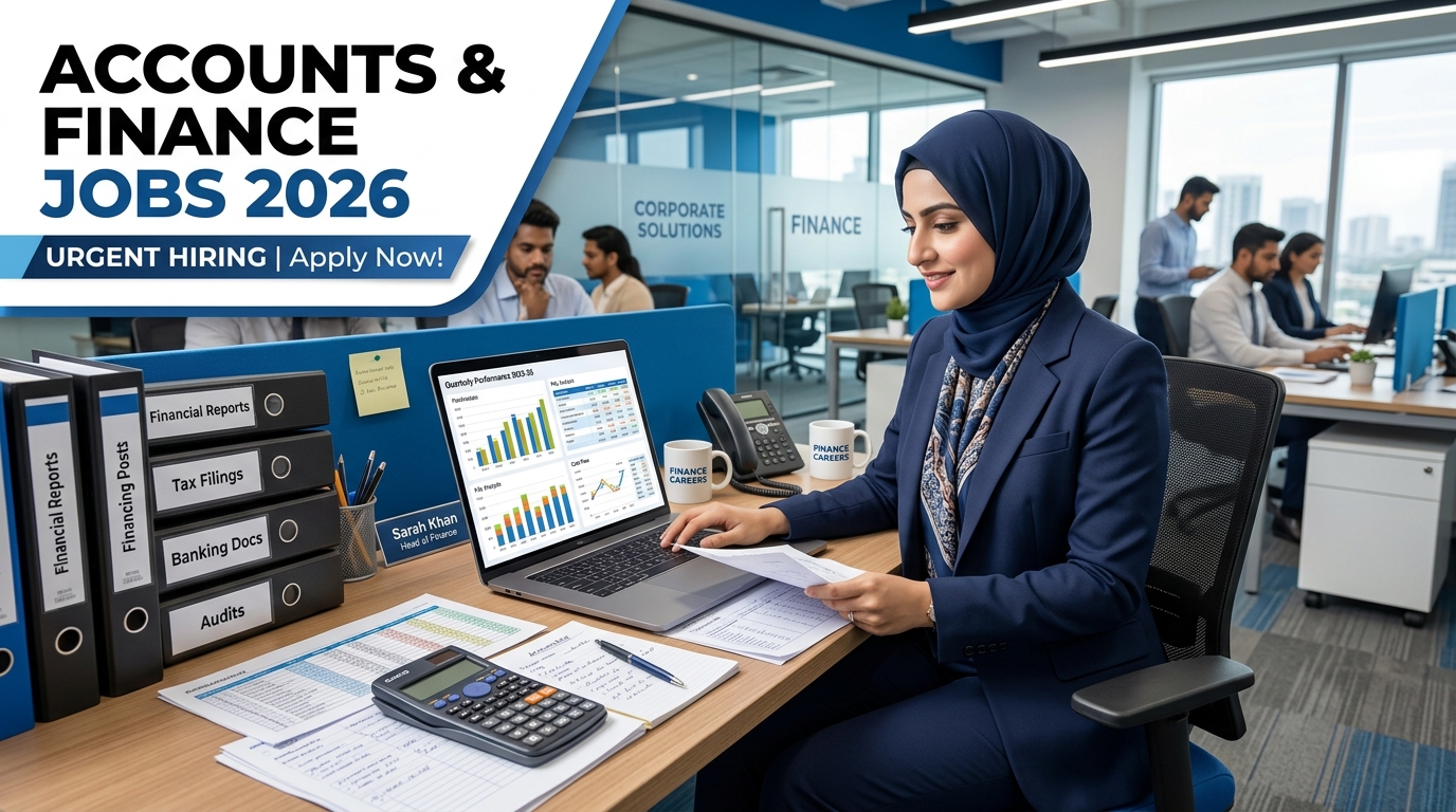Professional Pakistani finance officer working in a modern corporate office, laptop with financial charts, accounting documents, calculator, banking files, inventory reports on desk, modern office background, blue and white corporate theme, realistic style, high quality, attractive job vacancy thumbnail, text space for “Accounts & Finance Jobs 2026”